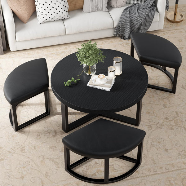 Round Coffee Table Set with 3 Nesting Stools — 30 Inch Modern Black