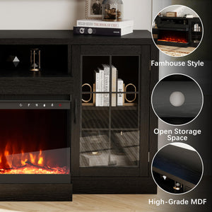 63" Fireplace TV Stand with 3-Sided Electric Fireplace & Glass Door Storage