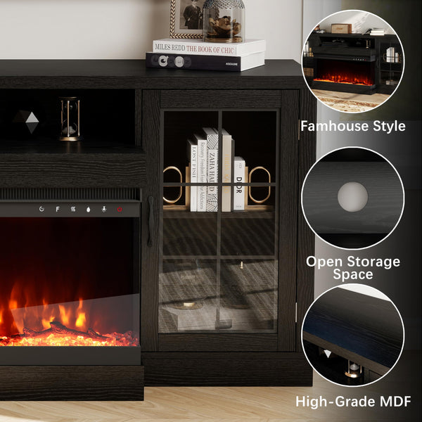 63" Fireplace TV Stand with 3-Sided Electric Fireplace & Glass Door Storage