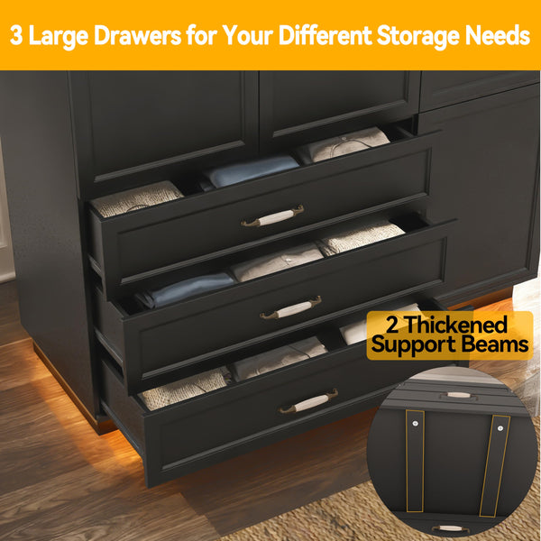 72" 3-Door Wardrobe with LED Light & Drawers