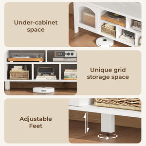 TV Stand with LED Light & Power Outlet, Arched Glass Doors