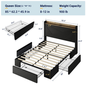 Velvet Platform Bed with Storage Drawers & USB Ports