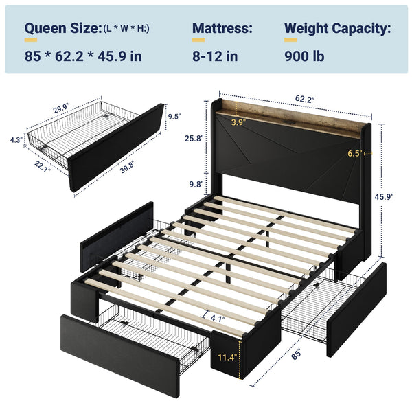 Velvet Platform Bed with Storage Drawers & USB Ports