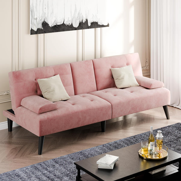 Velvet Futon Sofa Bed with Removable Armrests