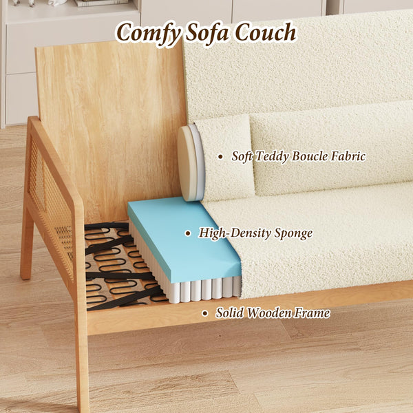 Small Loveseat with Rattan Armrests & Sherpa Fabric