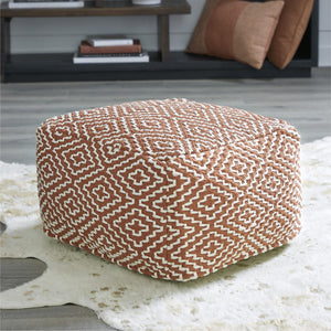 Handwoven Geometric Pouf Ottoman – Orange & White