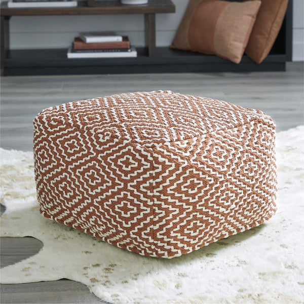 Handwoven Geometric Pouf Ottoman – Orange & White