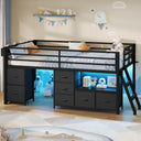 Twin Low Loft Bed with Storage Drawers, Bookcase & LED Lights