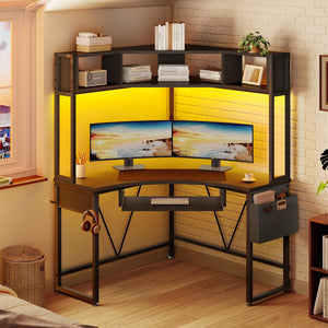 Corner Desk with LED Lights, Keyboard Tray & Storage