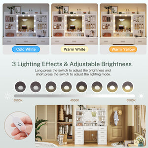 White Vanity Desk with Mirror, Lights & 9 Drawers