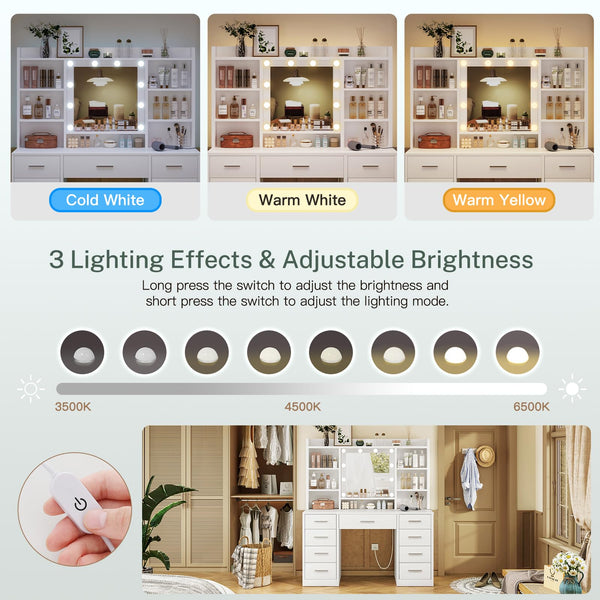 White Vanity Desk with Mirror, Lights & 9 Drawers