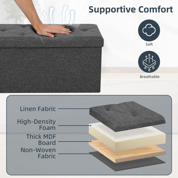 43-Inch Foldable Storage Ottoman Bench with Padded Seat – Grey, 660 lbs Capacity