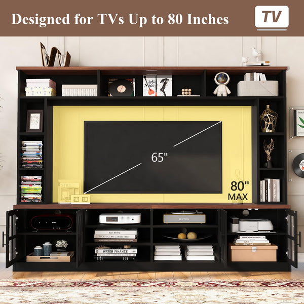 95.5" Wall Unit TV Stand Set with Bookshelves, Entertainment Center for Televisions Up to 80", Large Media Console with Cabinets and Tempered Glass Doors for Living Room