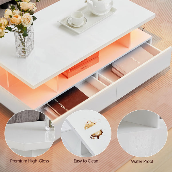 LED Coffee Table with 4 Drawers & Open Shelf – White