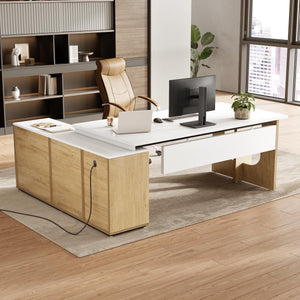 74" L-Shaped Executive Desk with Storage Cabinet & Shelves