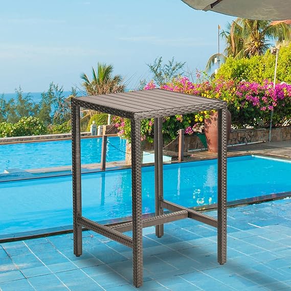 Outdoor Wicker Bar Table – Counter Height Pub Table with Poly Lumber Top