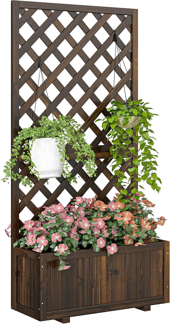 Wooden Raised Garden Bed with Trellis 59" Outdoor Planter Box with Drainage Holes