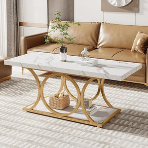 47" 2-Tier Rectangle Coffee Table with Faux Marble Top & Geometric Metal Legs