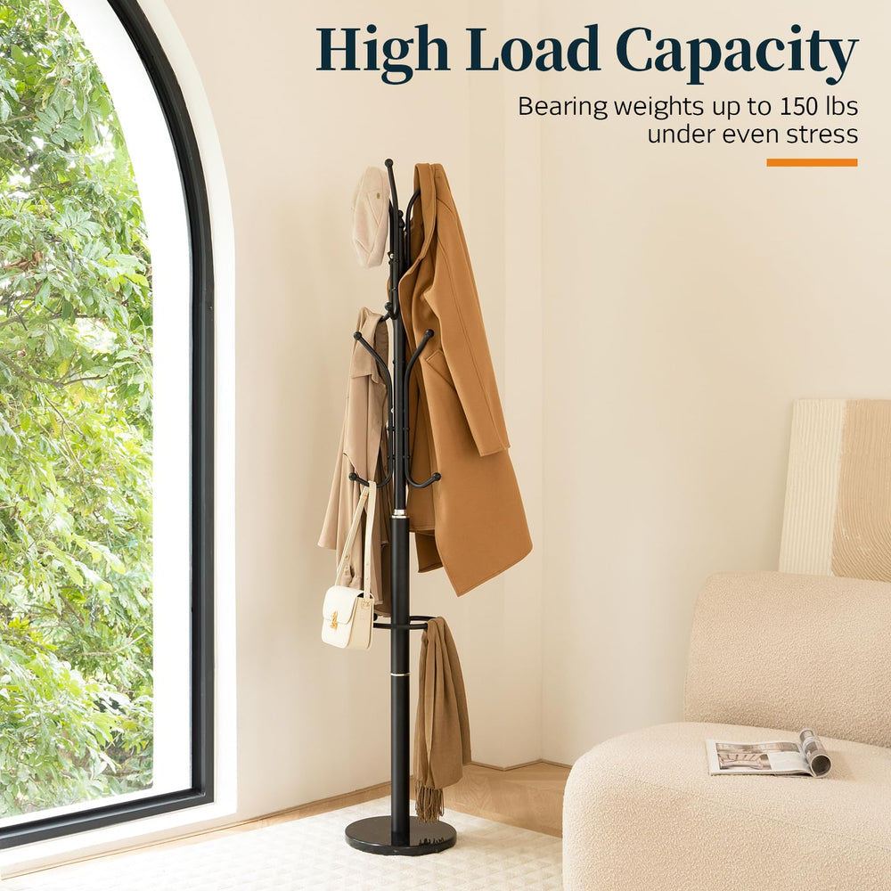 Freestanding Coat Rack with Marble Base & 12 Hooks