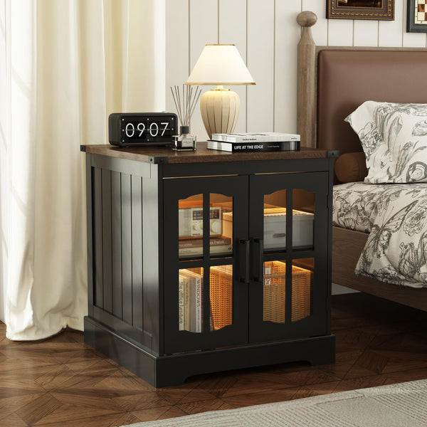 Farmhouse End Table with Charging Station & LED Light