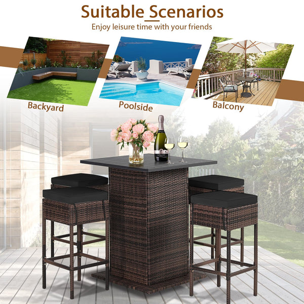 5-Piece Outdoor Wicker Bar Set with 4 Stools & Hidden Storage
