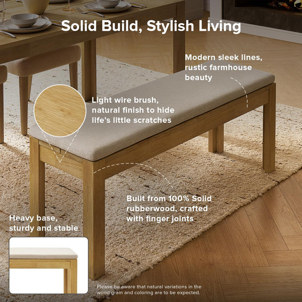Solid Wood Upholstered Dining Bench – Modern Farmhouse Style