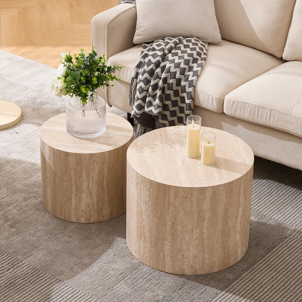 Round Nesting Coffee & Side Table Set of 2, Wood, No Assembly