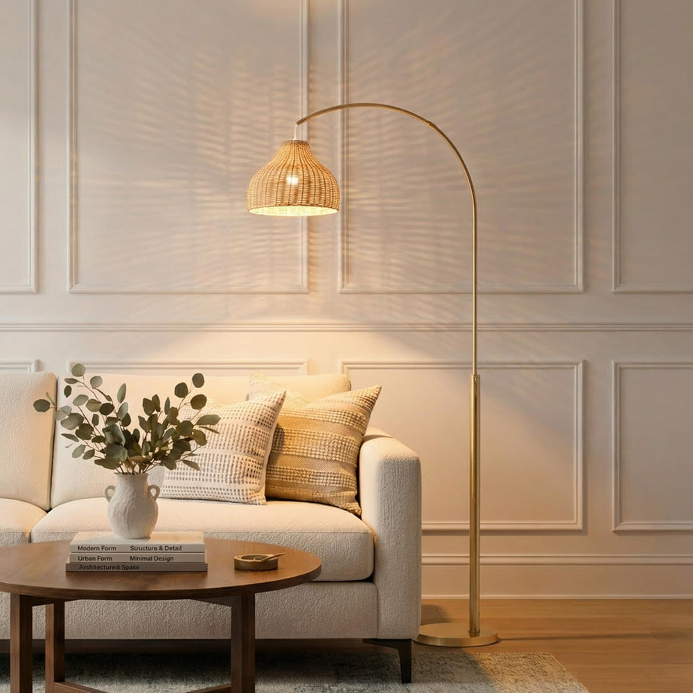 Arc Floor Lamp with Wicker Shade