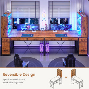 Computer Desk with Drawers, Bookshelf & LED Lights