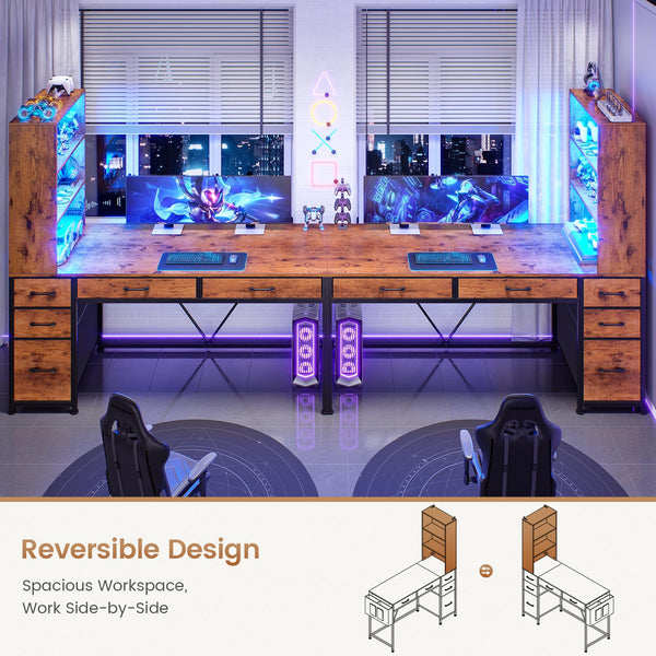 Computer Desk with Drawers, Bookshelf & LED Lights