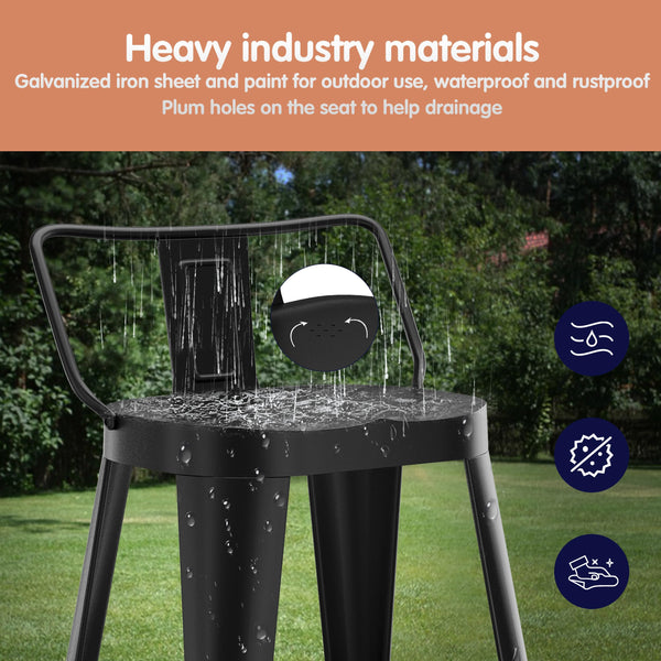 Metal Bar Stools Set of 4 with Back, Indoor Outdoor Counter Height, Matte Black
