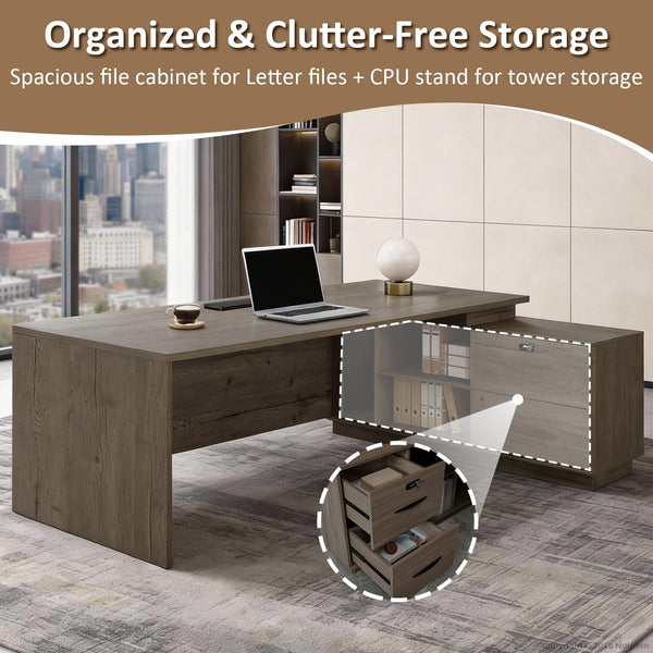 63" L-Shaped Executive Desk with Storage Cabinet & Locking Drawers
