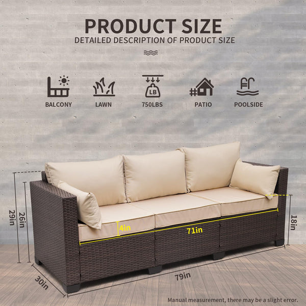 3-Seat Outdoor PE Rattan Sofa with Cushions