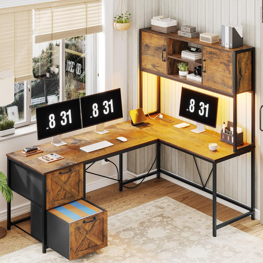 L-Shaped Desk with Drawers, Hutch & LED Lights