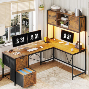 L-Shaped Desk with Drawers, Hutch & LED Lights