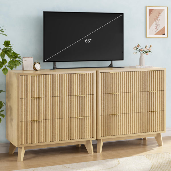 Fluted Nightstand Set of 2 with Charging Station & 3 Drawers