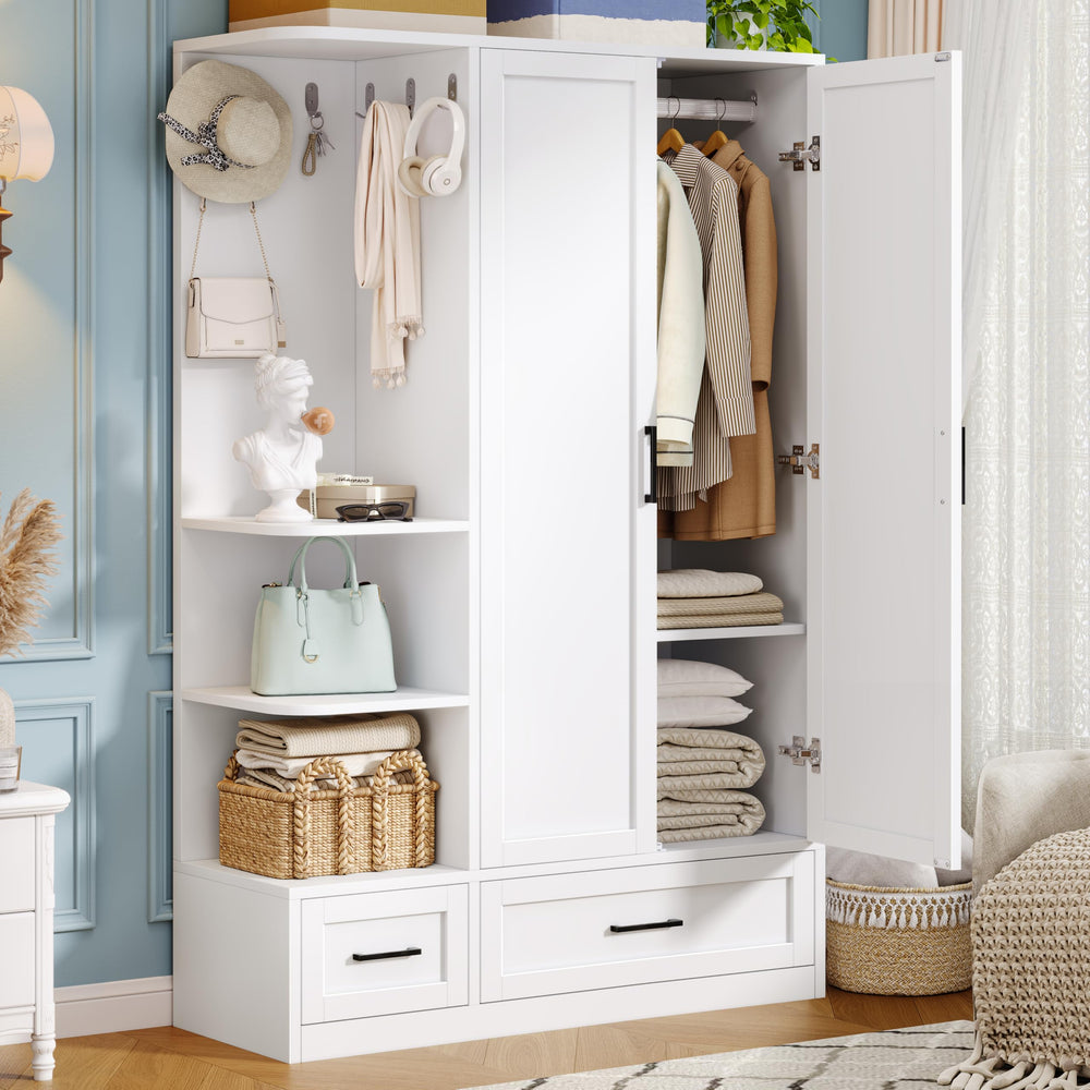 Double Door Wardrobe Closet with Drawers & Open Shelves