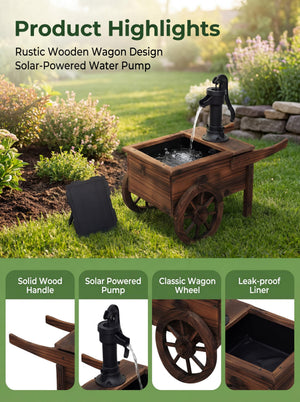 Solar-Powered Wood Outdoor Fountain with Hand Pump Cart Design