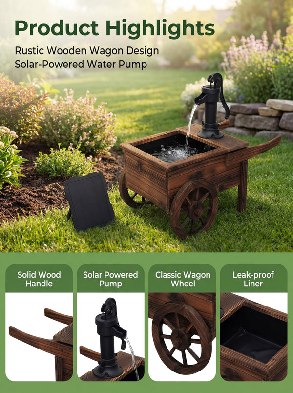 Solar-Powered Wood Outdoor Fountain with Hand Pump Cart Design