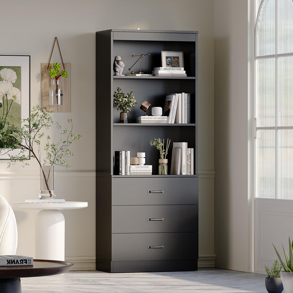 Tall Bookshelf with Drawers & Open Shelves