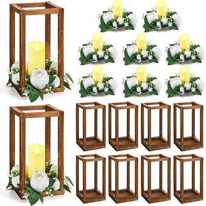 Wood Lantern Wedding Centerpiece Set with LED Candles & Eucalyptus Wreaths – 10 Sets