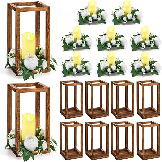 Wood Lantern Wedding Centerpiece Set with LED Candles & Eucalyptus Wreaths – 10 Sets