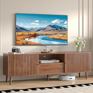 Mid Century Modern TV Stand with Sliding Doors and Storage