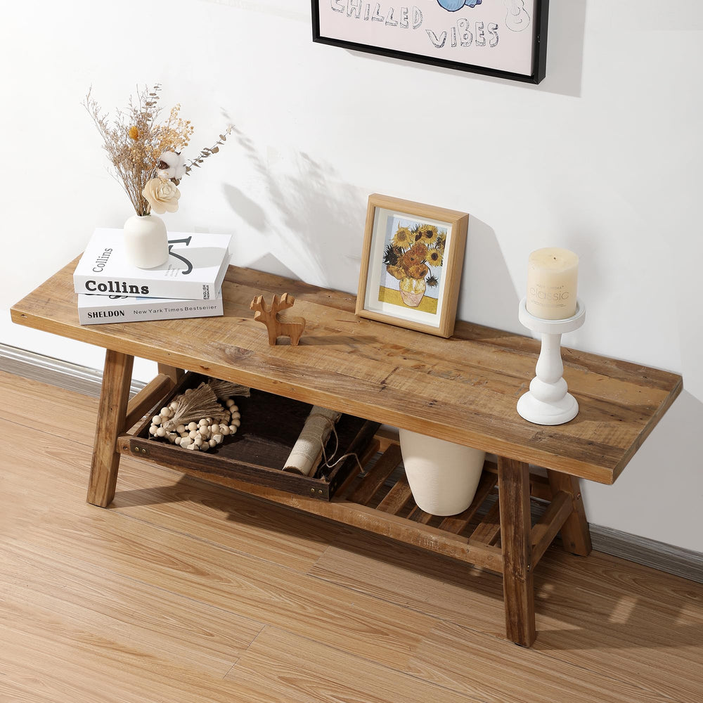 Reclaimed Wood Farmhouse Entryway Bench with Storage Shelf