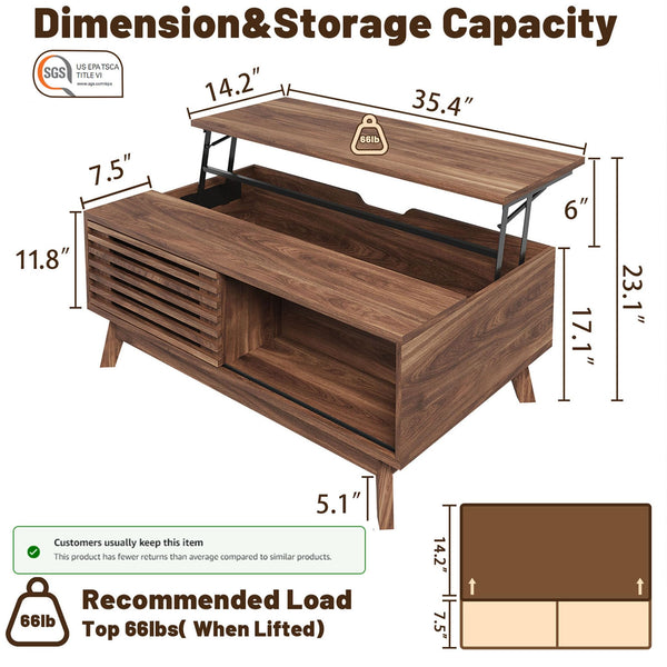Lift Top Coffee Table with Storage & Sliding Door – Walnut Brown