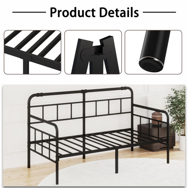 Metal Twin Daybed Frame with Modern Headboard and Steel Slats