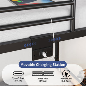 Twin Over Twin Metal Bunk Bed with LED Lights, Storage Drawers & USB Charging