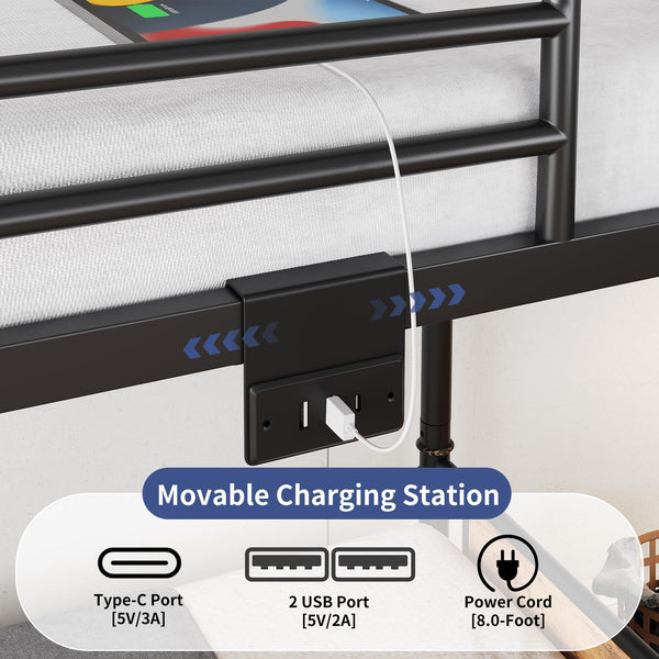 Twin Over Twin Metal Bunk Bed with LED Lights, Storage Drawers & USB Charging