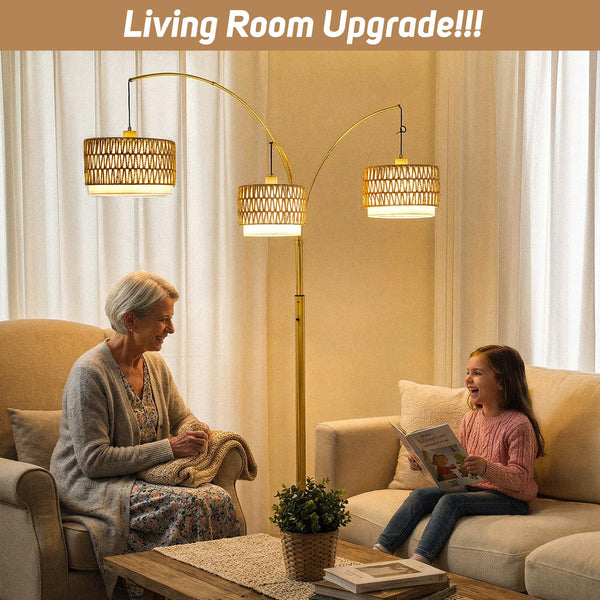 3-Light Arc Floor Lamp with Rattan Wicker Shades, 80 Inch Tall Standing Lamp