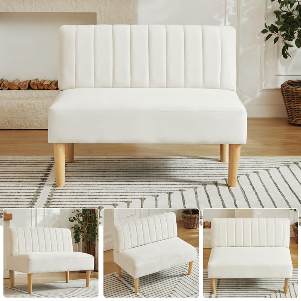 Velvet Armless Loveseat Settee with Channel-Tufted Back & Solid Wood Legs